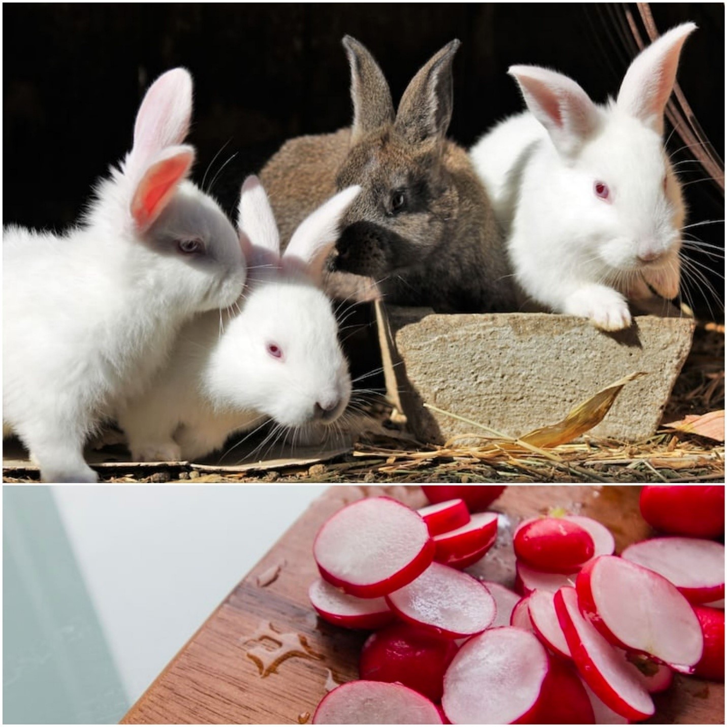 Can rabbits eat radishes_ Four rabbits and sliced radish roots