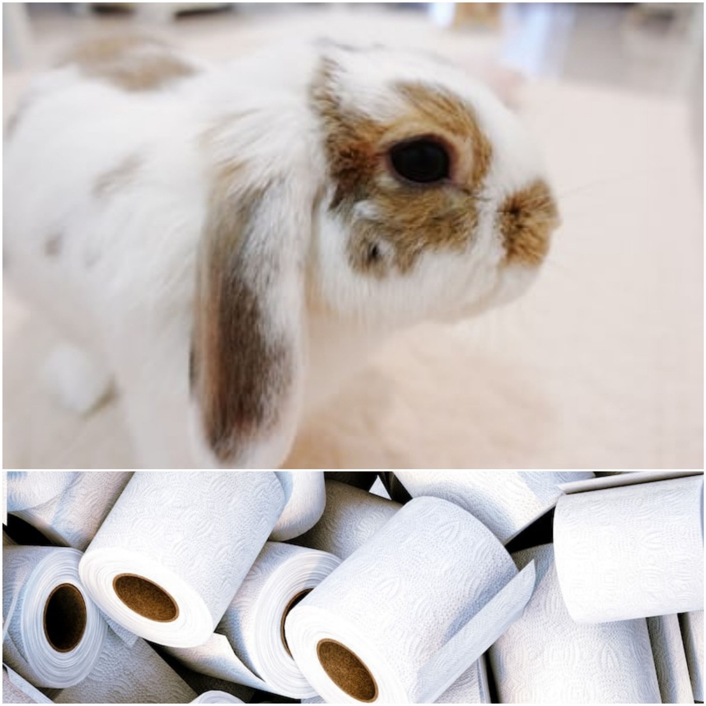 Can rabbits eat toilet paper_ A lop-eared bunny and toilet rolls